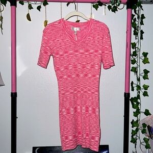 Pink Ribbed Knit V-Neck Dress – Casual & Comfy